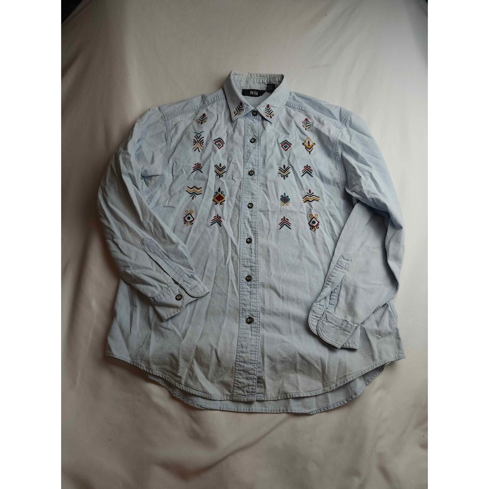 Vintage Pasta Light Wash Denim Embroidered Southwestern Button Down Shirt Mens M